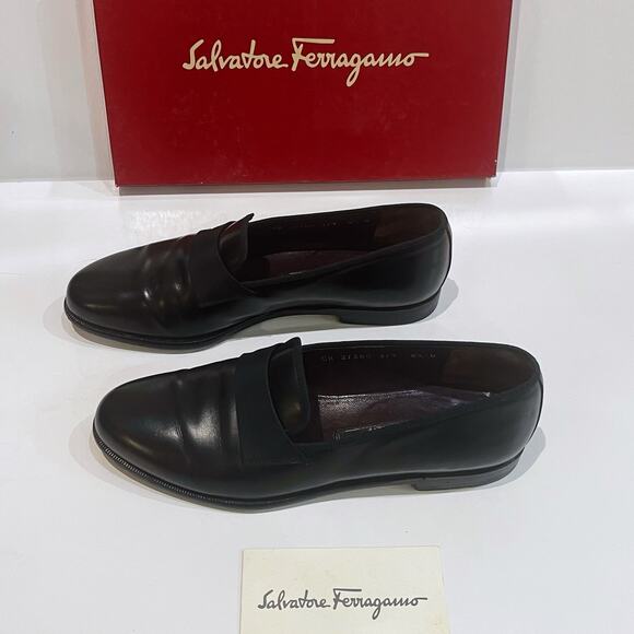 Salvatore Ferragamo 8.5 D Rio Almond Toe Flat Calf Leather Loafers Black Italy - Picture 4 of 12